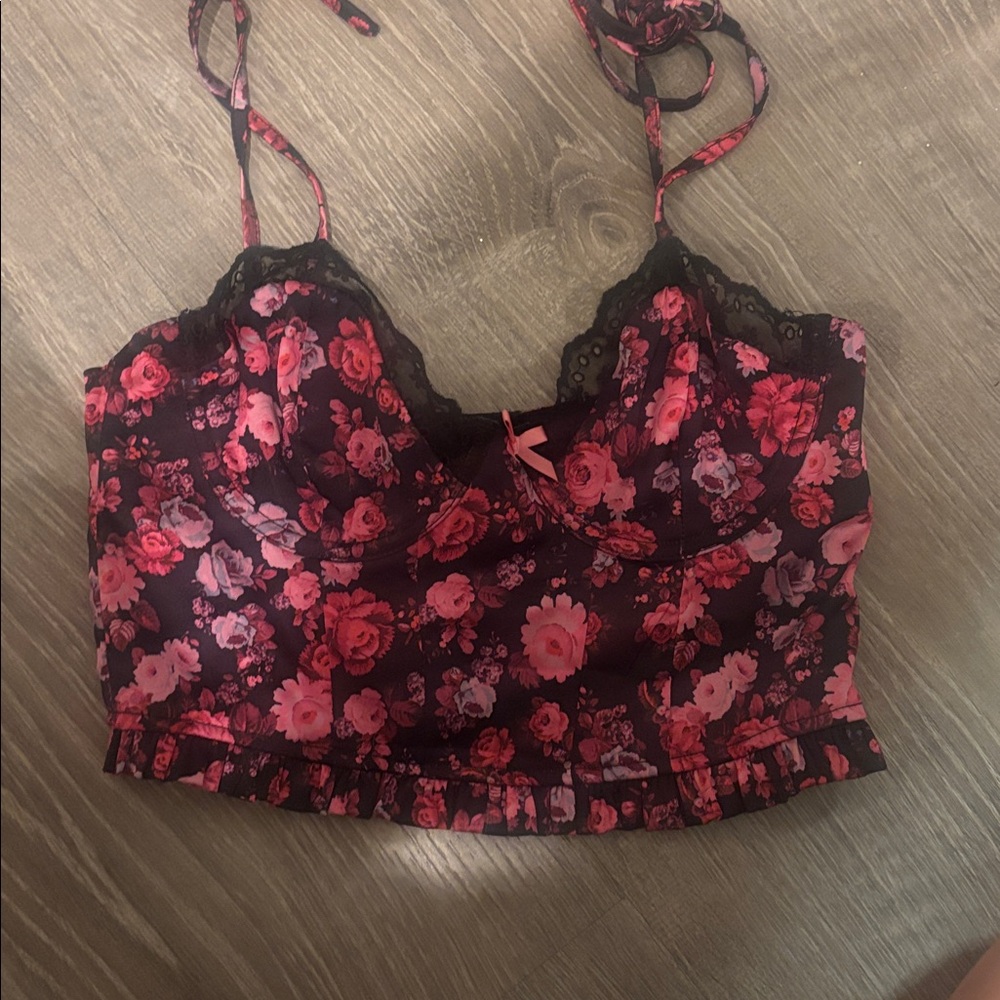 For Love & Lemons Floral Lace Trim Crop Bustier Top in Pink and Black